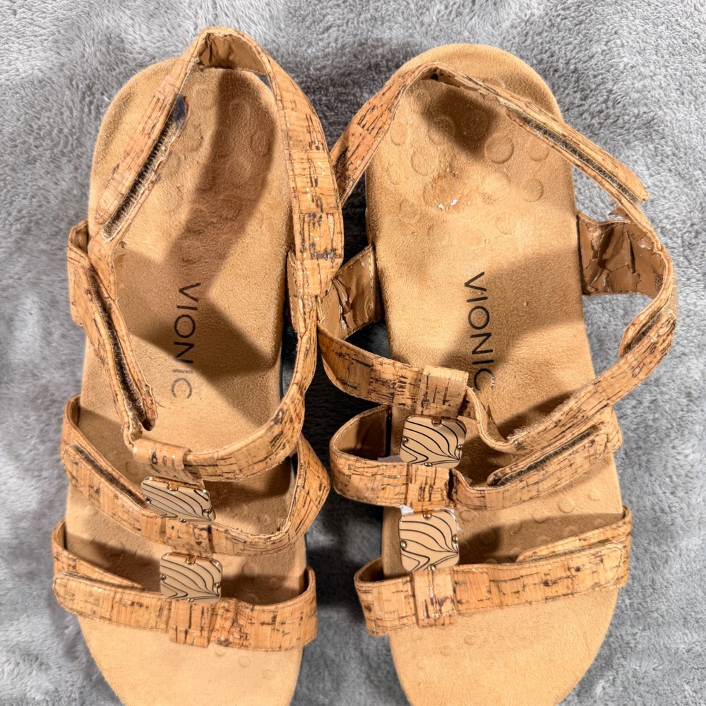 Vionic Strappy Sandals Women Size 10 Tan Cork Gold Fleck Orthotic Comfort 3432 - Picture 3 of 10